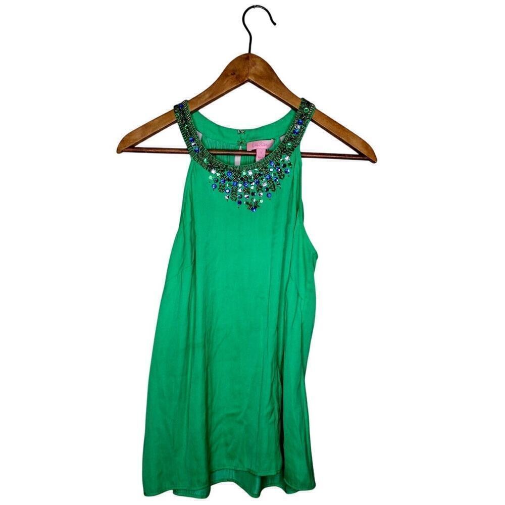 Lilly Pulitzer Green Silk Tank Top Blouse Beaded Rhinestone Jewels S